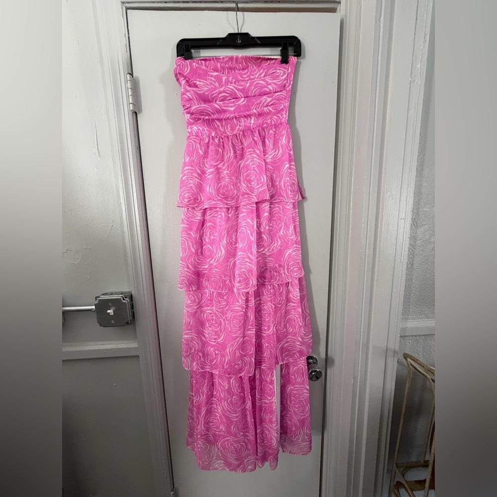 Strapless Amanda Uprichard Pink Tiered Maxi Dress (wedding guest) - Picture 6 of 11